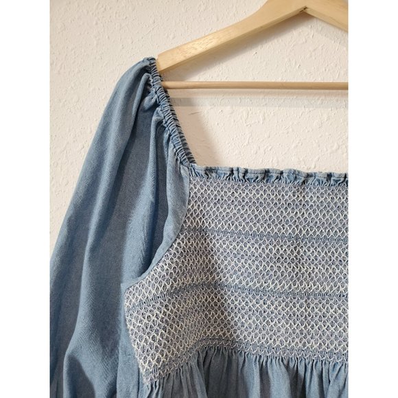 American Eagle Denim Embroidered Square Neck Smocked Top L - Picture 4 of 7